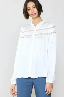 Long Sleeve Tops-Current Air Yoke Lace Blouse WHITE