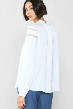Long Sleeve Tops-Current Air Yoke Lace Blouse WHITE