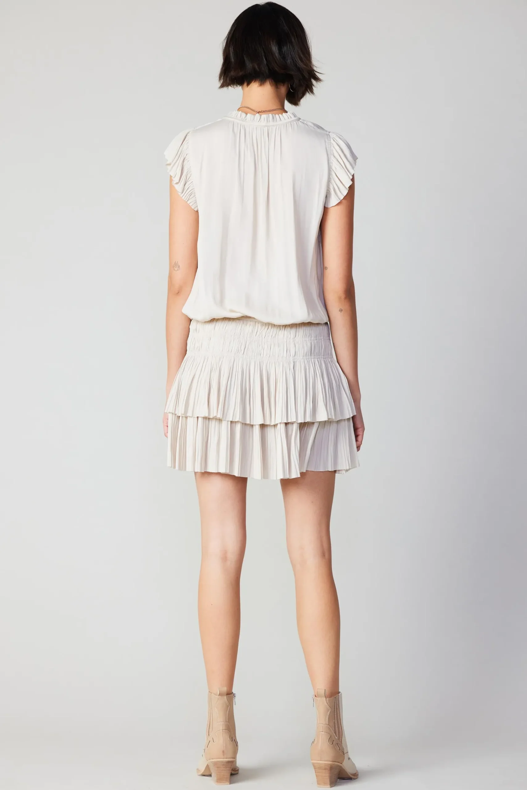 Mini Dresses-Current Air Zoey Pleated Skirt Mini Dress ECRU